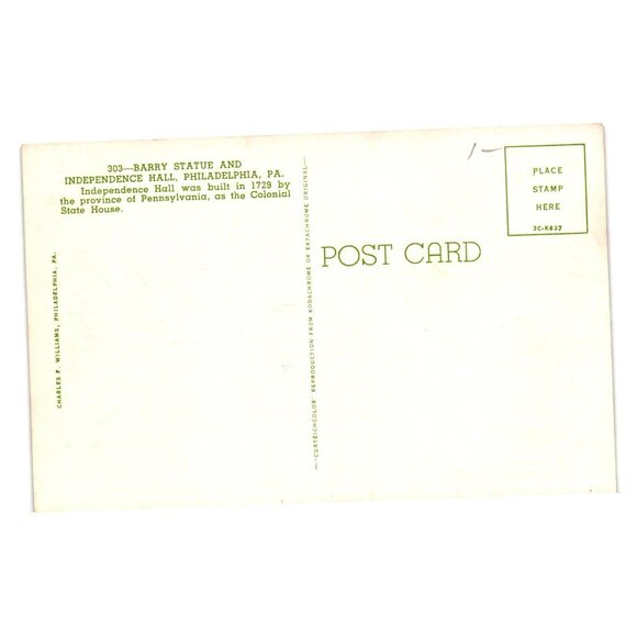 Barry Statue Independence Hall Philadelphia PA Vintage Postcard Liberty Tourism - Picture 2 of 2